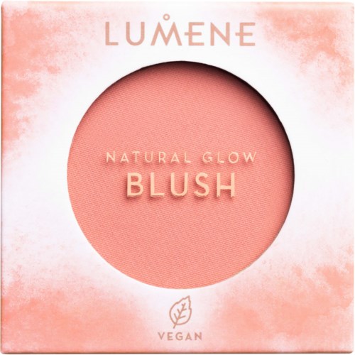 Vegan Blush in einer runden, rosa Verpackung mit durchsichtigem Fenster, das die Rouge zeigt, und sanft rosafarbene Verpackung.