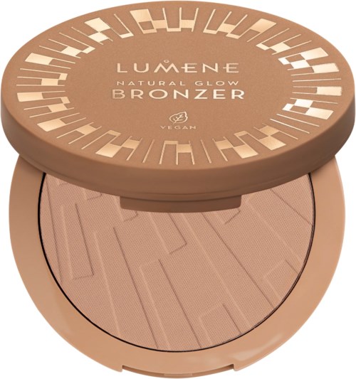 A compact round bronzer with a light brown lid, displaying the Lumene logo and product details, open to reveal the powder.