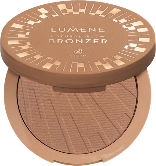 Round bronzer compact with a beige lid, labeled 'LUMÉNE Natural Glow Bronzer,' featuring a geometric pattern and vegan icon.