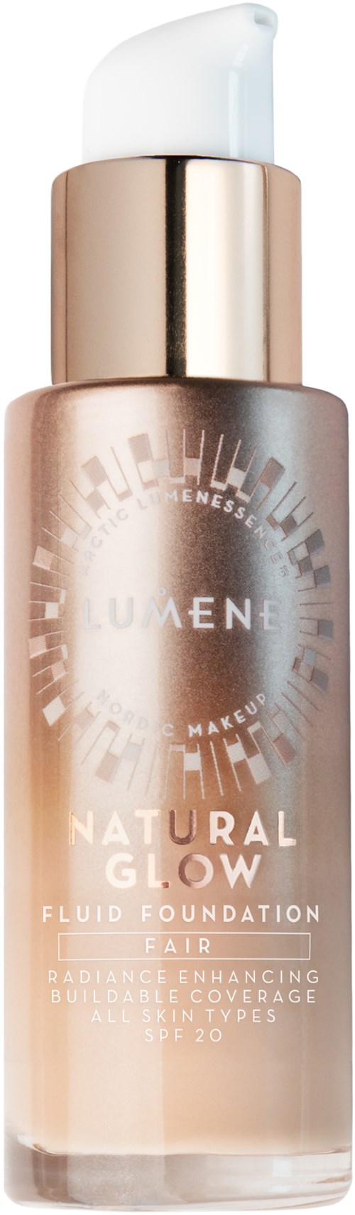 En flaska foundation med pump, märkt 'LUMENE Natural Glow' och SPF 20.