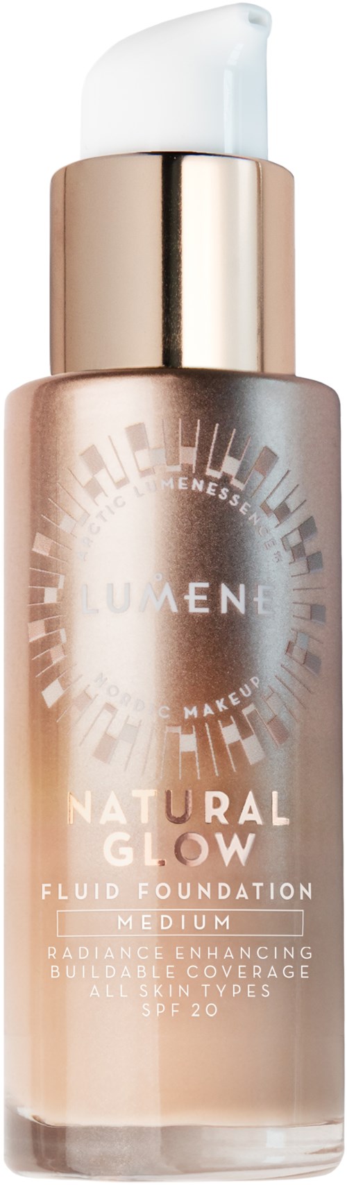 En lång, beige flaska med pump, märkt som naturlig lyster flytande foundation för medium täckning, SPF 20.