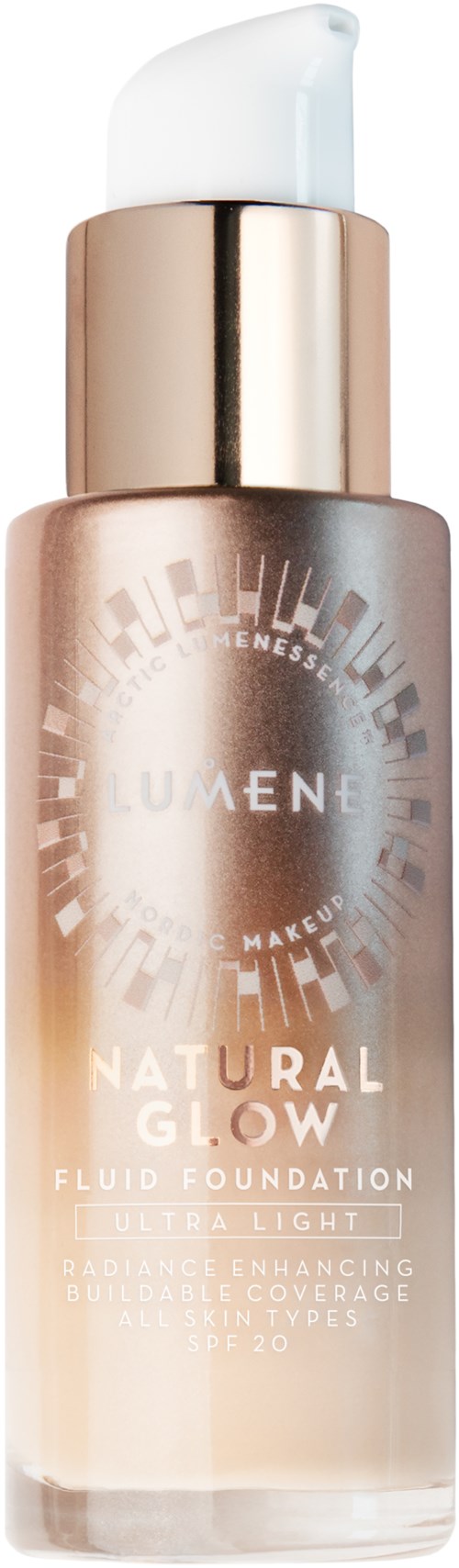 En beige- och guldig flaska med en vit pump hänvisar till en foundationprodukt som heter 'Natural Glow' av Urban Decay.