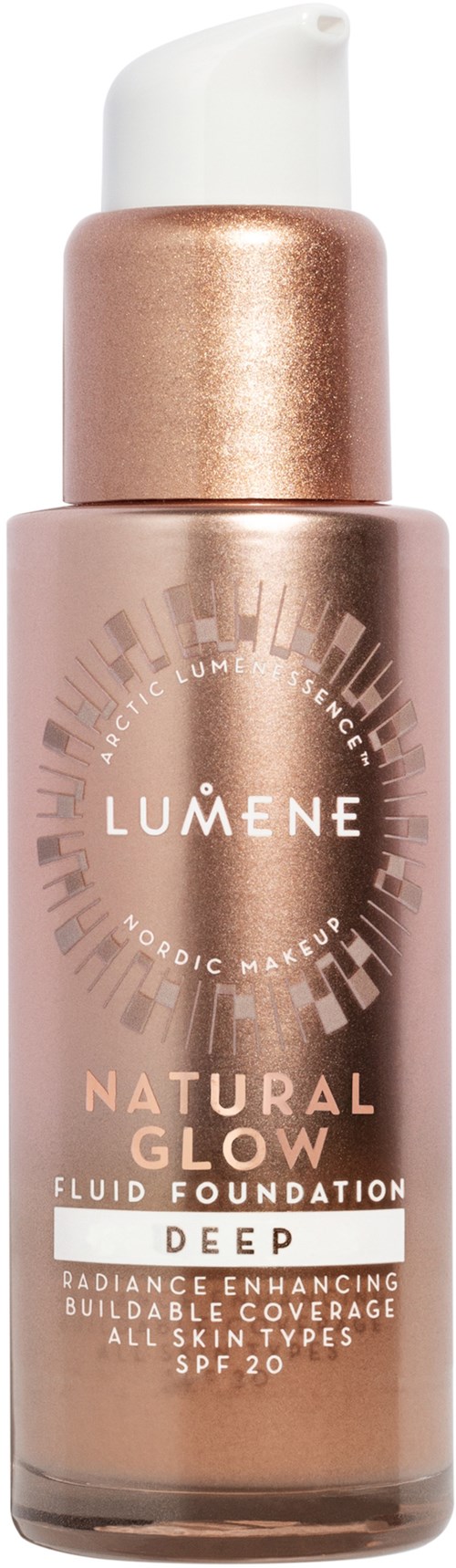 En flaska Lumene Natural Glow foundation med pump, i ett glänsande rosa-guld förpackning, ger hudlyster för djup glöd.