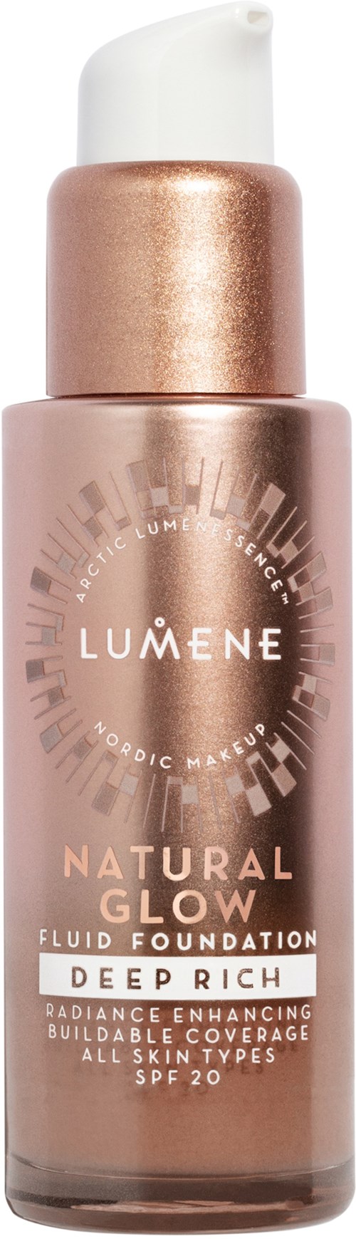 En flaska med Lumene Natural Glow Foundation, djupt rik nyans, med pump och metallicguld- och rosa design.