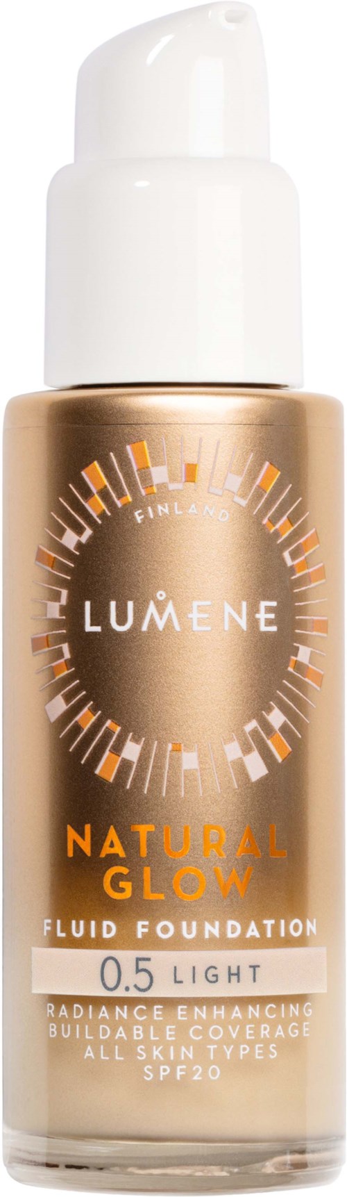 Eine beige und weiße Flüssigfoundation-Flasche mit Lumene Natural Glow SPF 20, für alle Hauttypen.
