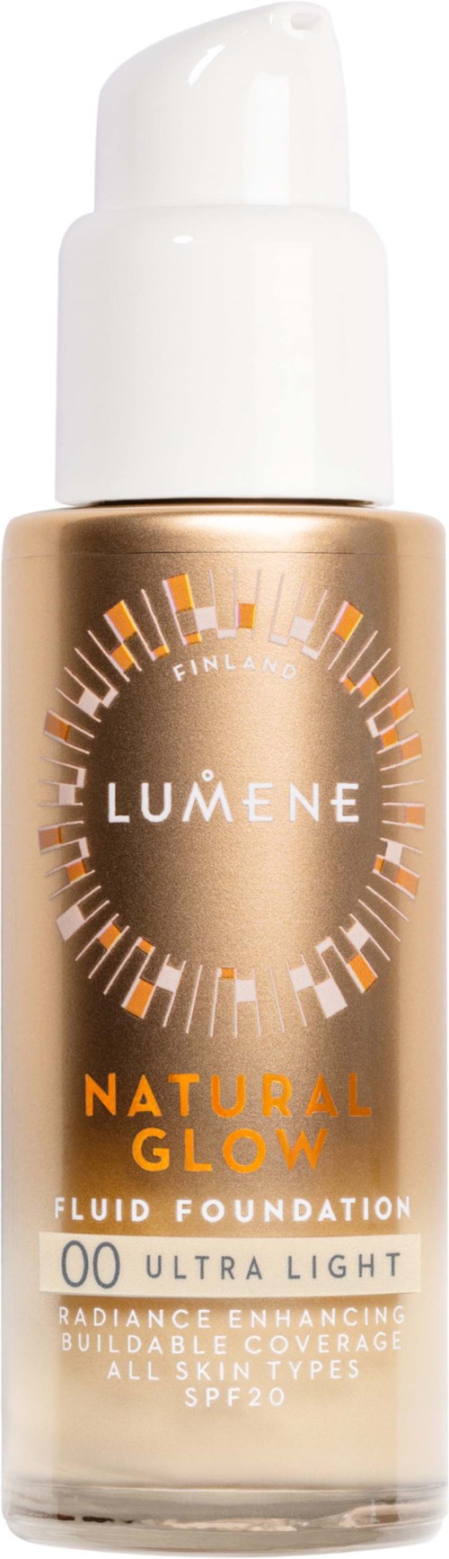 Eine Flasche Lumene Natural Glow Fluid Foundation für alle Hauttypen mit SPF20 in einer gold-weißen Pumpflasche.