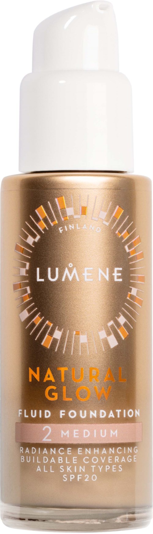 Eine beige Flasche mit weißem Pumpspender enthält Lumene Natural Glow Liquid Foundation für mittlere Haut mit SPF 20.