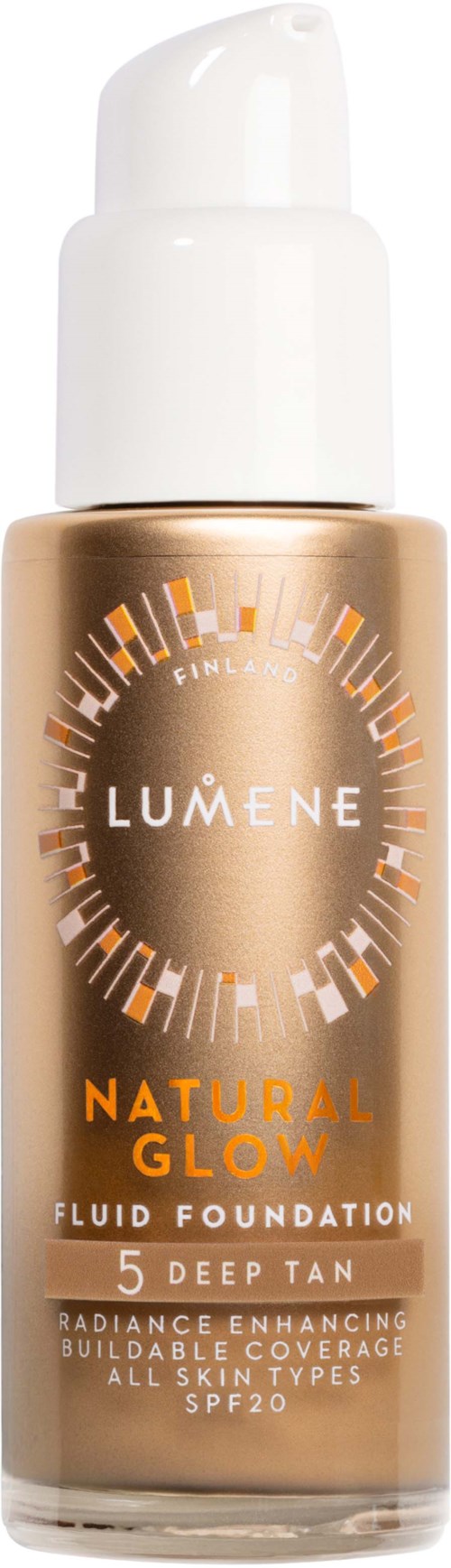 Eine goldene Flasche mit Lumene Natural Glow Foundation für dunkle gebräunte Haut mit SPF20, bietet aufbaubare Deckkraft.
