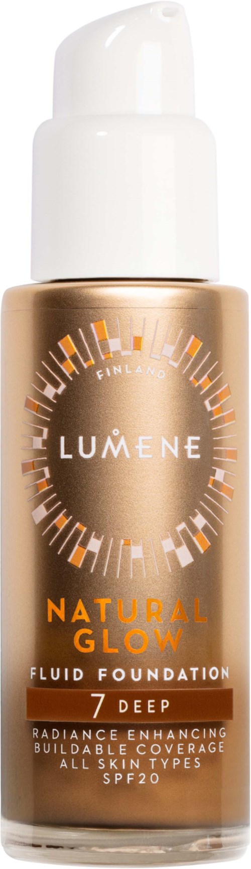 Eine goldfarbene Flasche mit weißem Pumpaufsatz, beschriftet Lumene Natural Glow Flüssig Foundation, SPF 20.