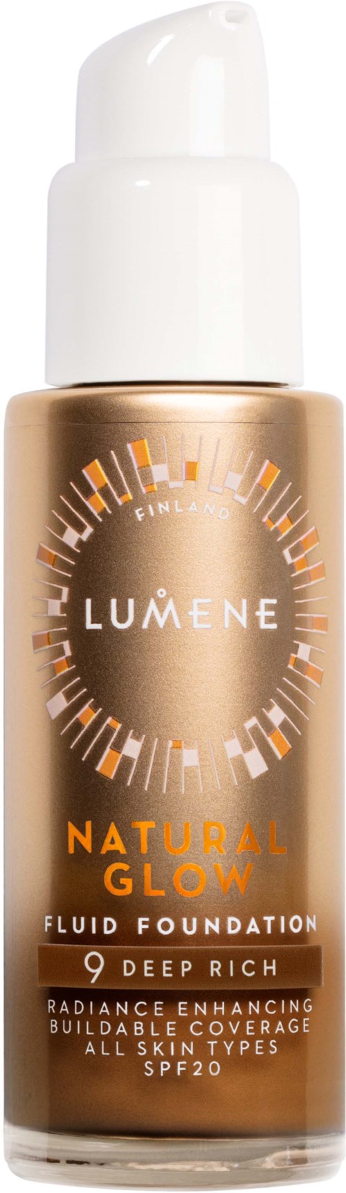 Goldene und weiße Foundation-Flasche mit Pumpe, gekennzeichnet as Lumene Natural Glow, SPF20, für alle Hauttypen.