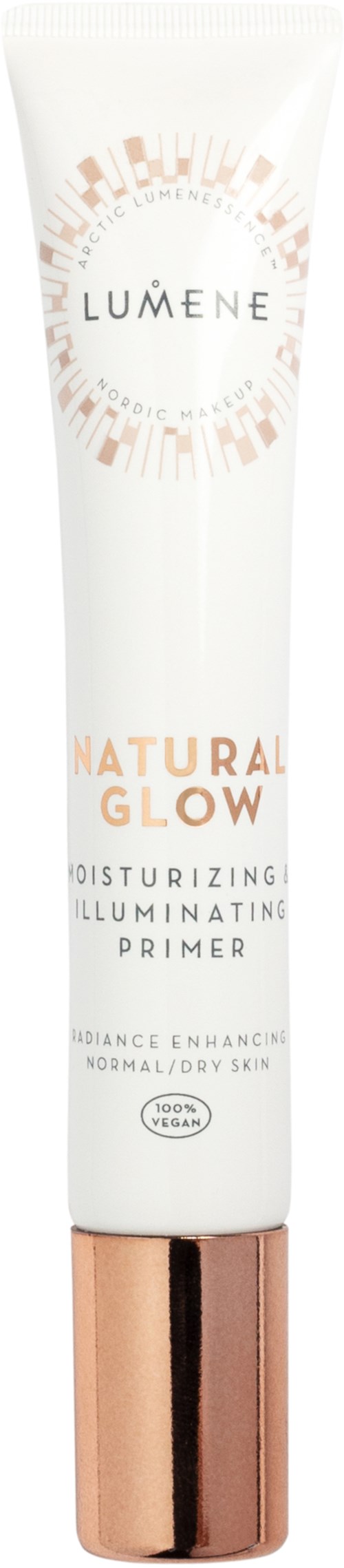 Lumene Natural Glow -voideseerumi ja valaisuva primeri putkilo, jossa ruusukullainen korkki.