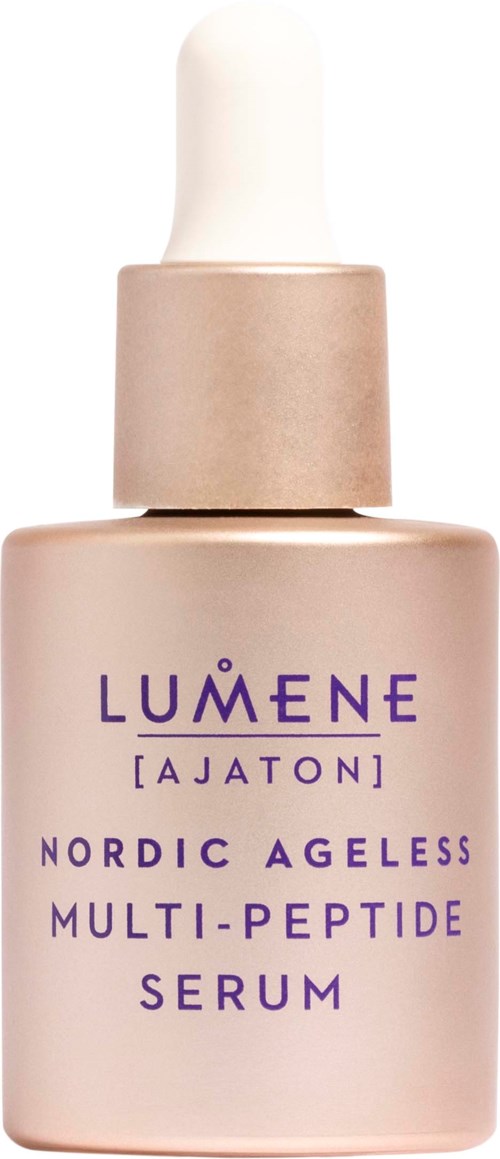 Eine beige Serumflasche mit weißem Tropfenzuher, beschriftet "LUMENE AJATON NORDIC AGELESS MULTI-PEPTIDE SERUM."