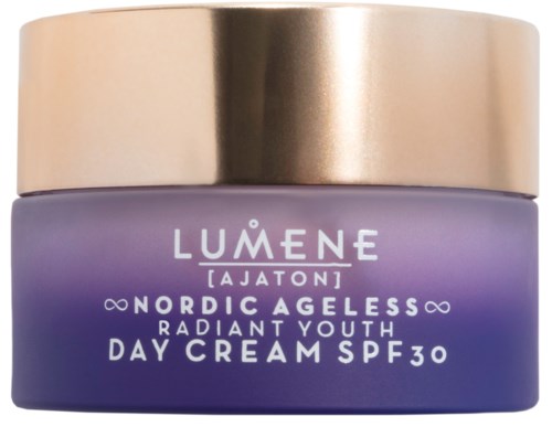Een pot Lumene AATON Nordic Ageless Radiant Youth Day Cream SPF 30 met een gouden deksel en paarse container.