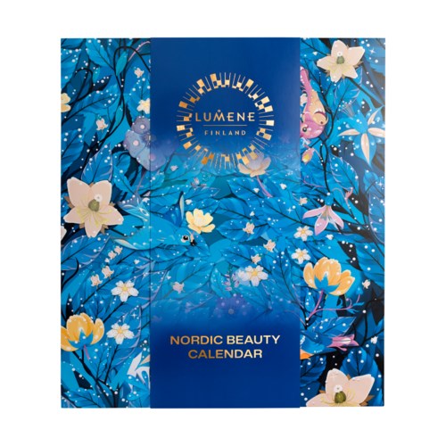 Blått nordiskt skönhetskalendrar förpackning med blommor och fågelillustrationer, LUMENE Finland-logga och kalenderinformation.