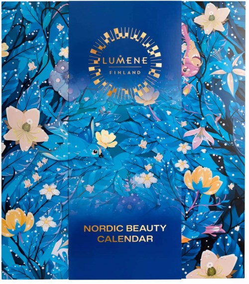 Lumene Finland Nordic Beauty Calendar kansitekst tummavihreällä kukkakuvalla ja kultaisilla ja valkoisilla yksityiskohdilla.