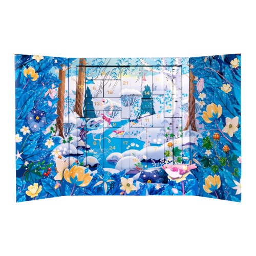 Färgglad tecknad naturbild med djur, träd, blommor och snöklädd landskap, utformat för en adventskalender.