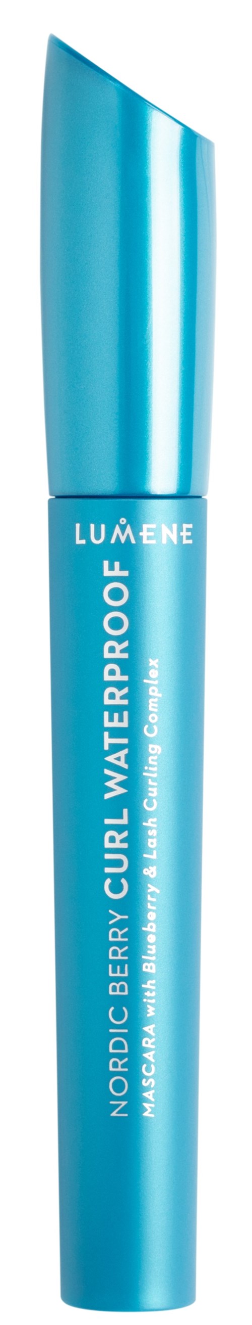 Blue tube of LUMENE Nordic Berry Curl Waterproof mascara with a shiny cap.