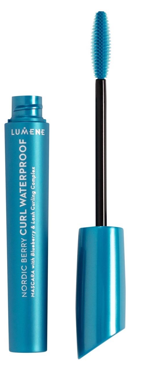 Blue mascara tube and wand with a curved brush for curling eyelashes.