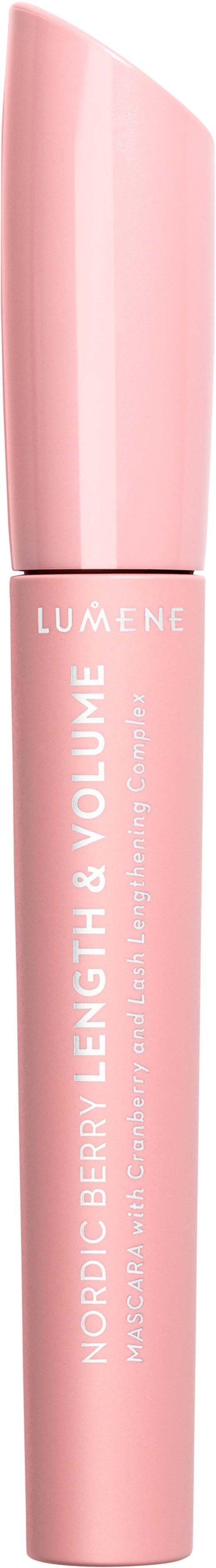 Ruusukukkainen Lumene-meikki, jossa lukee 'Nordic Berry, Length & Volume.'