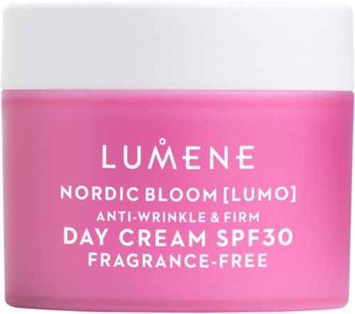 Een roze en witte container van Lumene Nordic Bloom dagcrème met SPF30, geurvrij, voor anti-rimpel en versteviging.