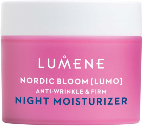 Een roze potje van LUMENE Nordic Bloom nachtcrème met witte deksel, aangeduid als anti-rimpel en verstevigend.