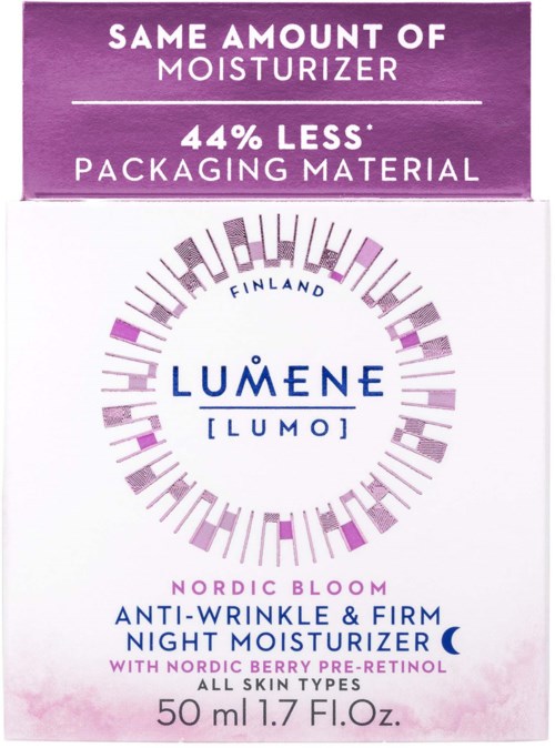 Een label met details over huidverzorgingsproduct, inclusief moisturizer, vermindering verpakking en ingrediënten zoals bessen pre-retinol.