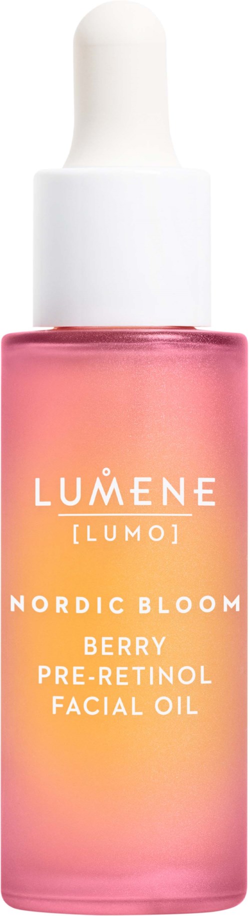 Een roze glazen fles met een witte druppelk ap. Het staat Lumene Nordic Bloom Berry Pre-Retinol Facial Oil.