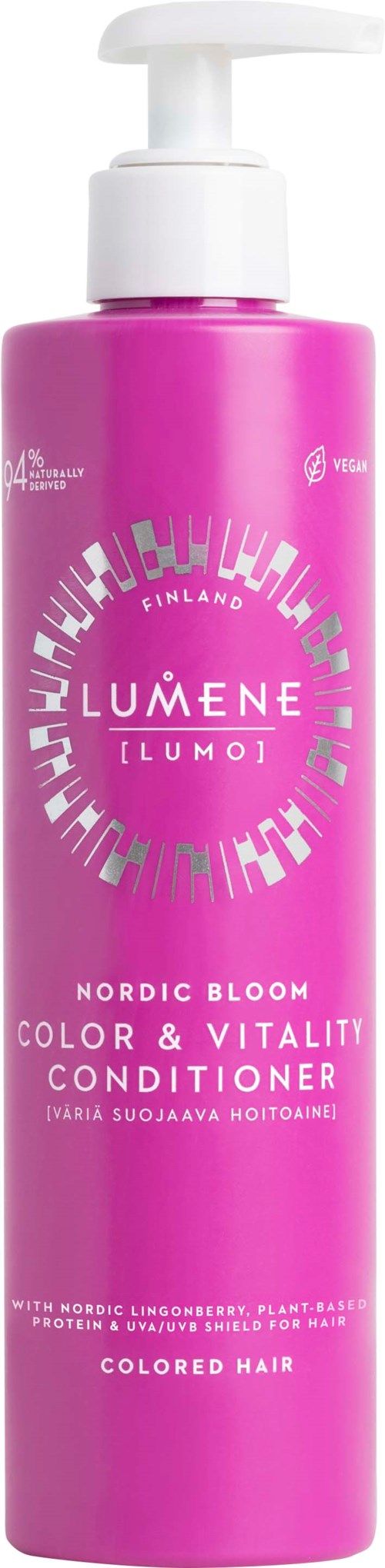 Een roze fles Lumene Nordic Bloom conditioner voor gekleurd haar met pompdop.