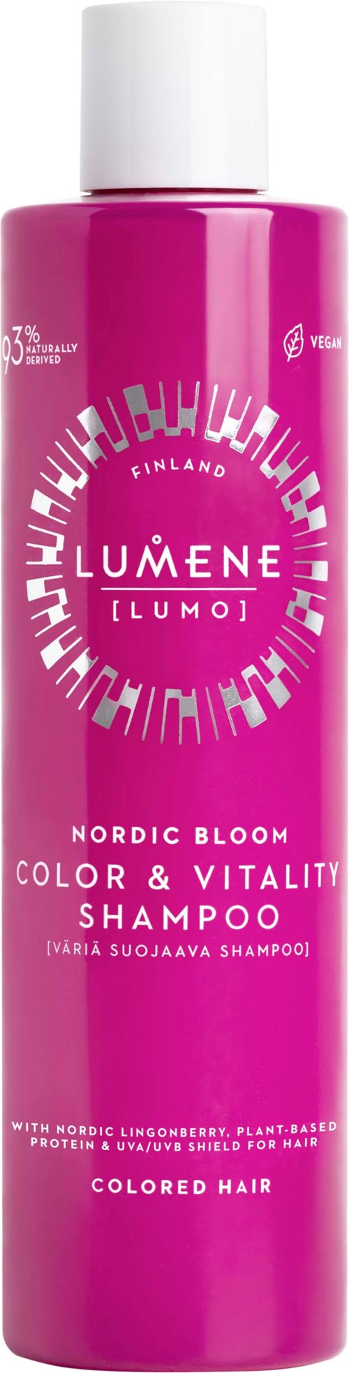 Roze shampoo fles met label 'Nordic Bloom Color & Vitality Shampoo' voor gekleurd haar met plantaardige ingrediënten.