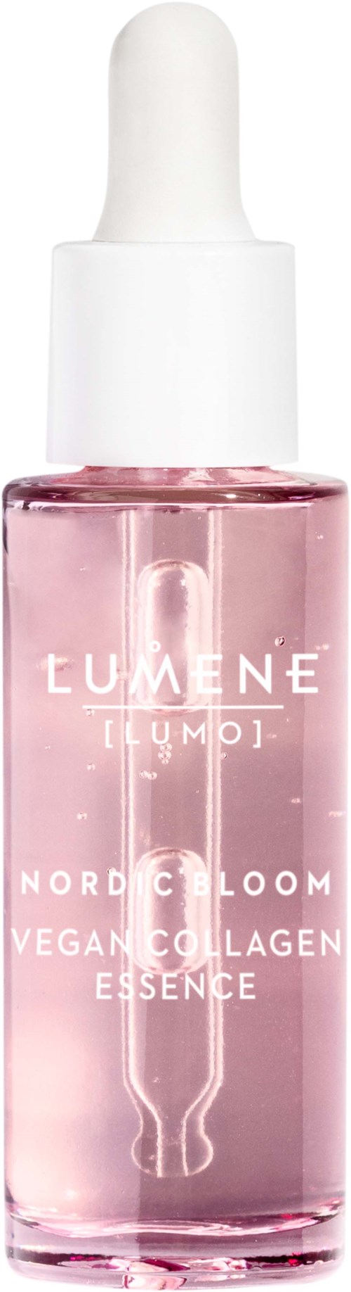 Een klein glazen flesje met pipetdop, roze vloeistof erin, gelabeld als Lumene Nordic Bloom Vegan Collagen Essence.