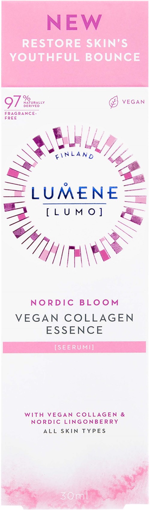 Roze-witte label voor LUMENE collageen essence, bevordert jeugdige huid, vegan, geurvrij, met Noordse bloem, geschikt voor alle huidtypes.