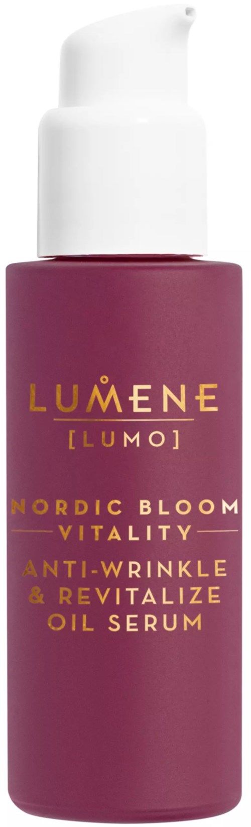 Een paarse fles met witte pomp met label Lumene Nordic Bloom anti-rimpel en revitaliserende olie serum.