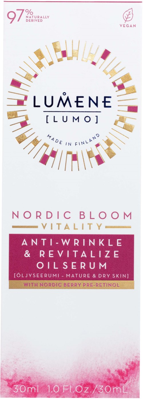 LUMENE ILUMOI Nordic Bloom Anti-Wrinkle Oilserum, ontworpen om de huid te revitaliseren en rimpels te verminderen met Noordse bessen en peptiden.