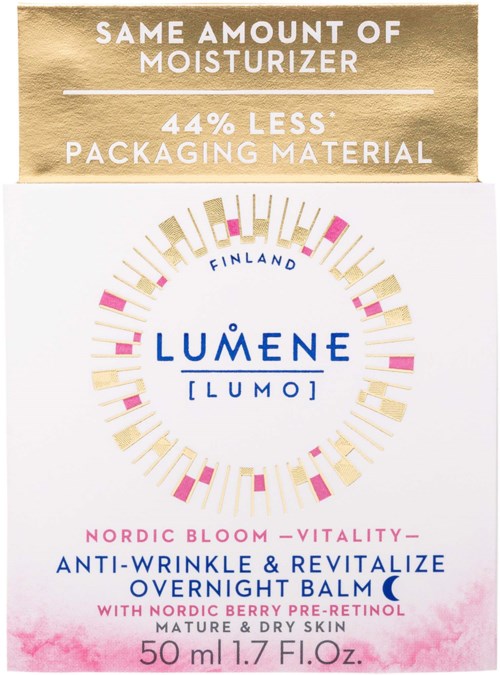 Het product is een huidverzorgingsbalsem genaamd Lumene Nordic Bloom, bedoeld voor anti-rimpel en huidverjonging, in een fles van 50 ml.