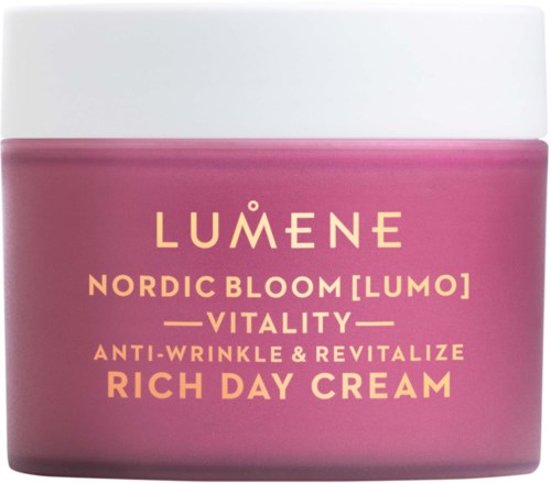 Een roze potje met huidverzorgingscrème en witte deksel, gemarkeerd als Lumene Nordic Bloom Rich Day Cream.