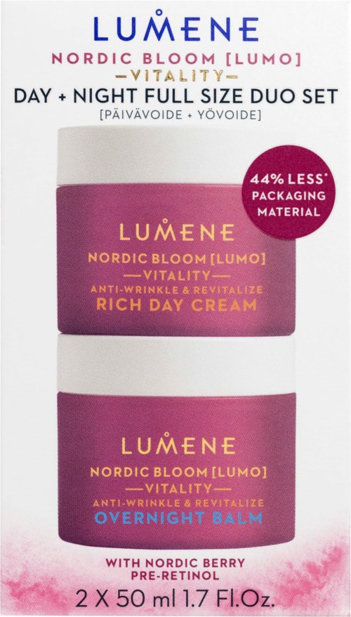 Lumene huidverzorgingsset voor dag en nacht, bevat twee potjes met rode labels, met bessenextract, retinol en is cruelty-free.