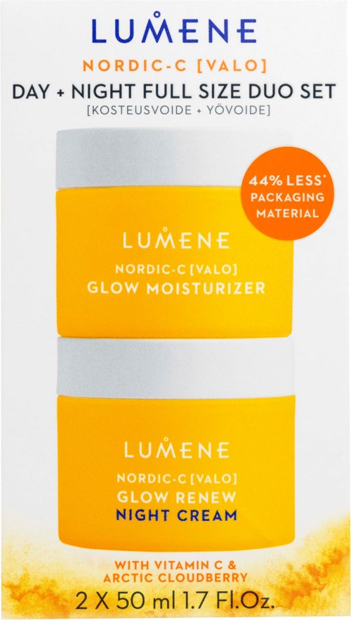 LUMENE-logo en productverpakking met dag- en nachtcrèmes in oranje en wit.