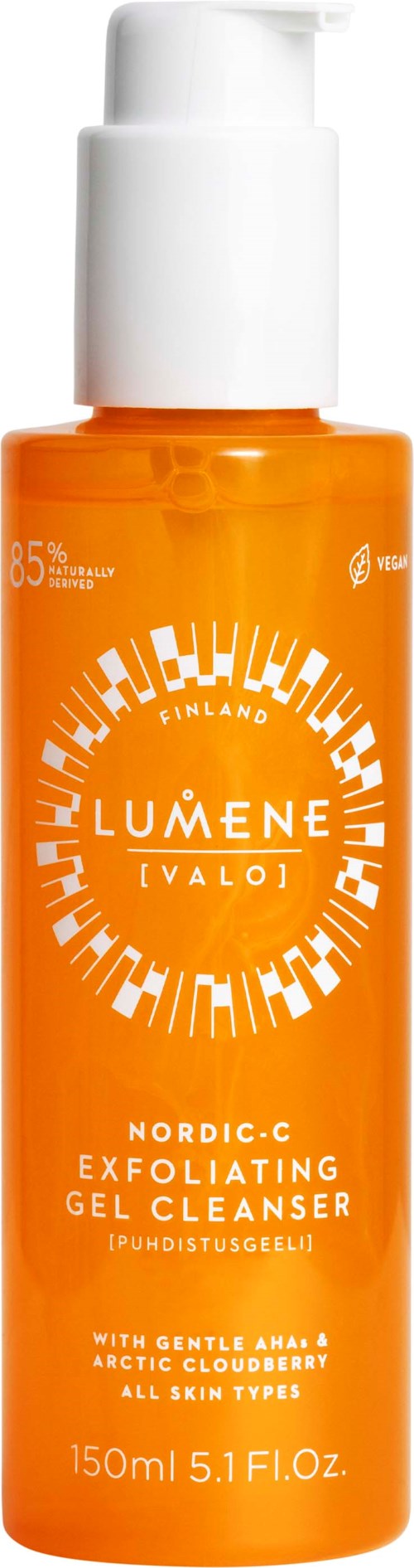 Een oranje fles Lumene Nordic-C exfoliërende gelreiniger met pomp, 150 ml, met witte en oranje tekst en grafiek.
