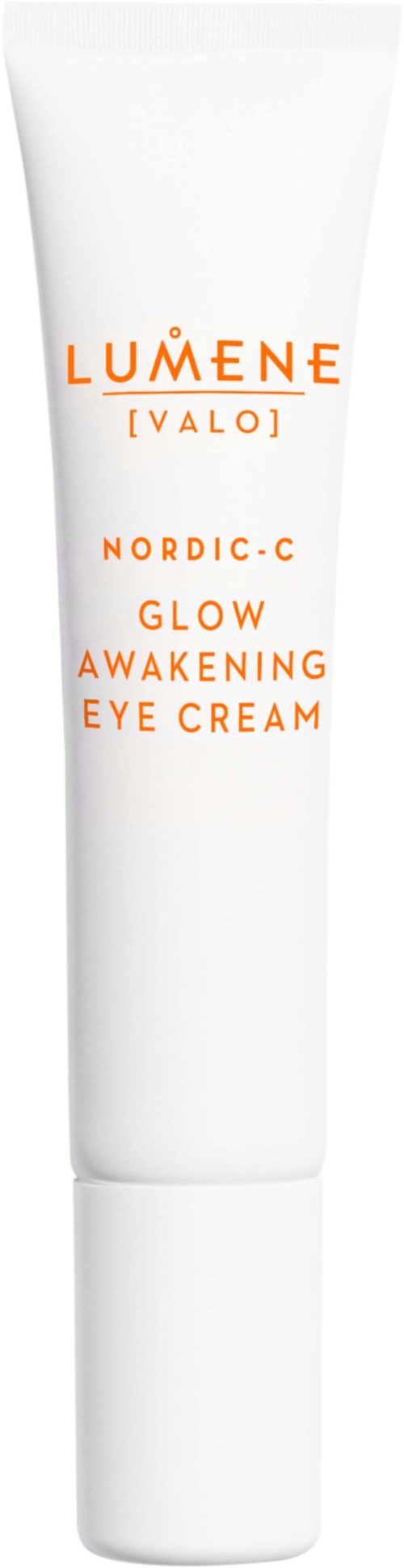Een witte tube met het label Lumene Valo Nordic-C Glow Awakening Eye Cream met oranje tekst.