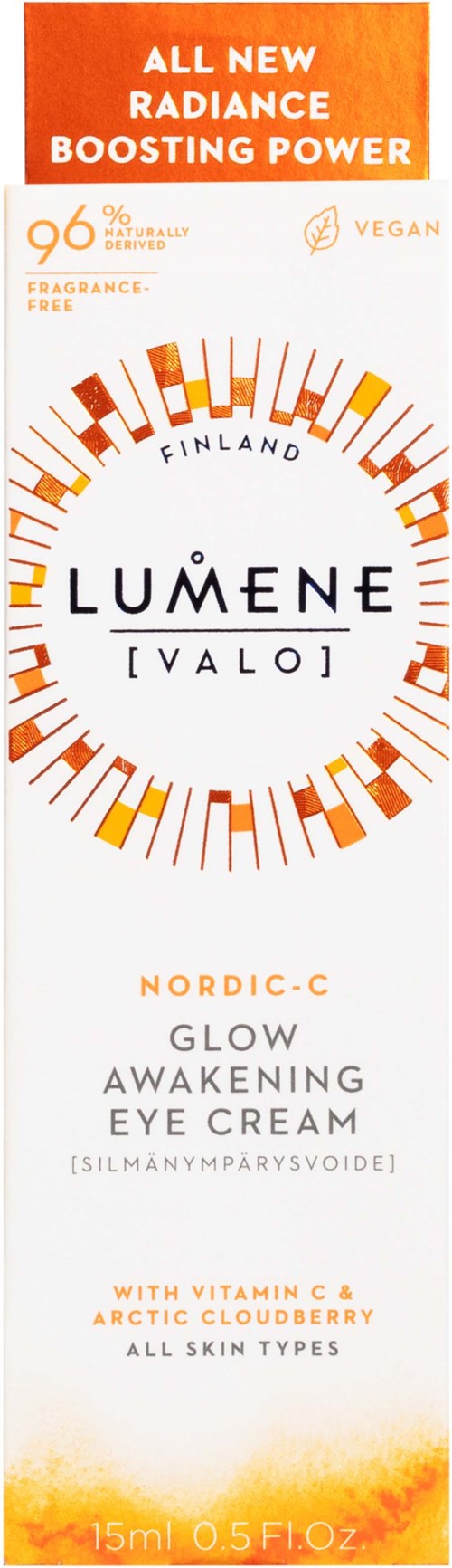 Verpakking van een huidverzorgingsproduct voor Lumene Valo oogcrème met oranje en witte kleuren, benadrukt ingrediënten en voordelen.