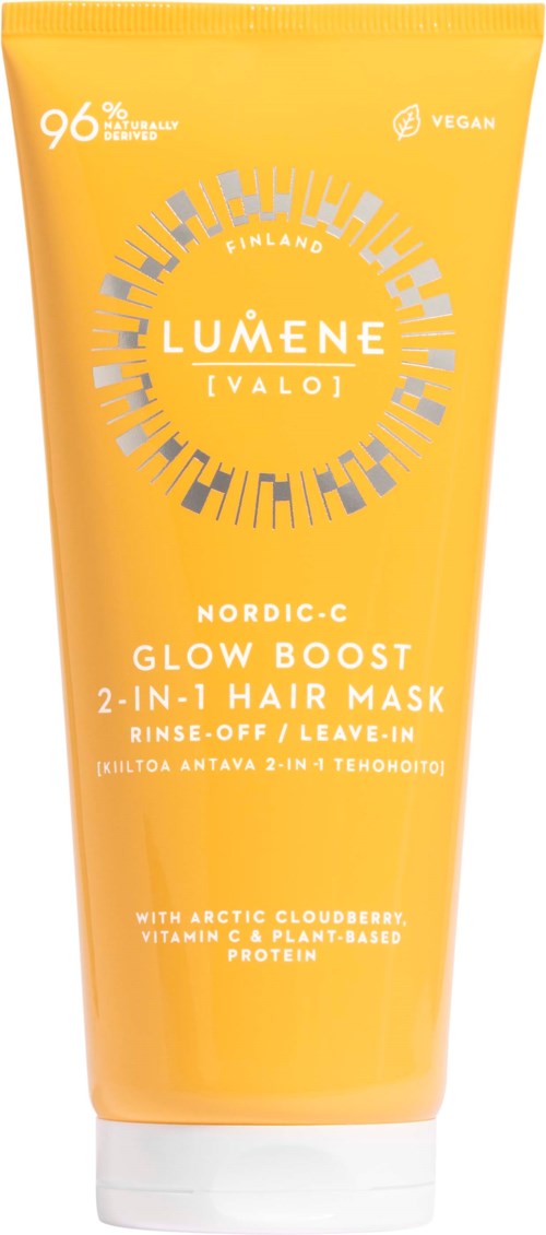 Gele tube van Lumene Nordic-C Glow Boost 2-in-1 Haarmasker, veganistisch, met Arctische Cloudberry en vitamine C.