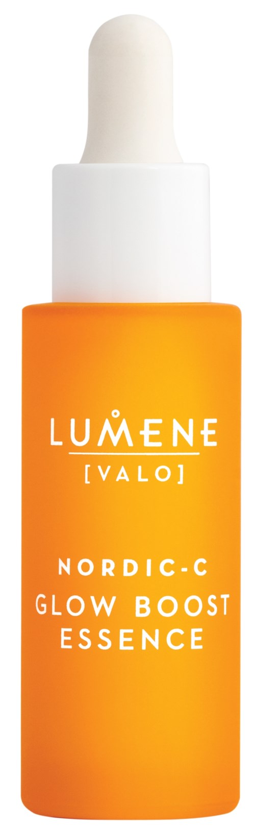 En liten orange flaska med vit pipettlock, märkt Lumene Nordic-C Glow Boost Essence.