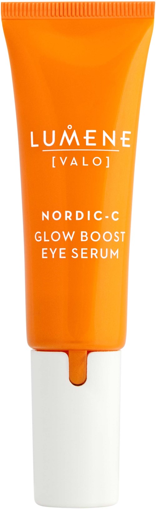 Oranje tube met witte dop, gelabeld LUMENE VALO Nordic-C Glow Boost Eye Serum.