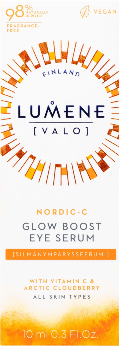 Verpakking voor Lumene huidserum met heldere kleuren, merknamen, producttype en ingrediënten, geschikt voor alle huidtypen.
