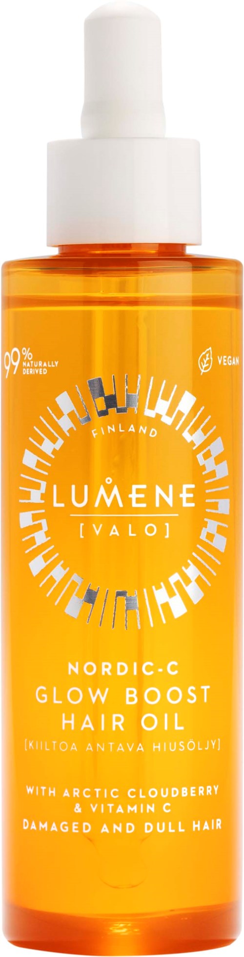 Dit is een oranje fles Lumene Valo Nordic-C Glow Boost Hair Oil met Arctische Cloudberry en vitamine C.