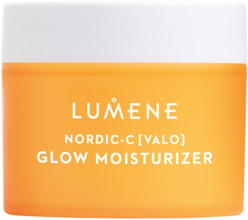 Een heldere oranje en witte pot met het label Lumene Nordic-C Valo Glow Moisturizer.