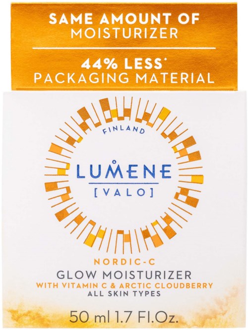Een doosje Lumene glow moisturizer met vitamine C en arctisch vuurparel, geschikt voor alle huidtypes, 50 ml.