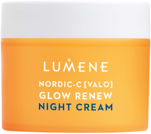 LUMENE Nordic-C [VALO] Glow Renew nachtcrème in pot. Witte deksel, oranje container, blauwe en witte tekst.