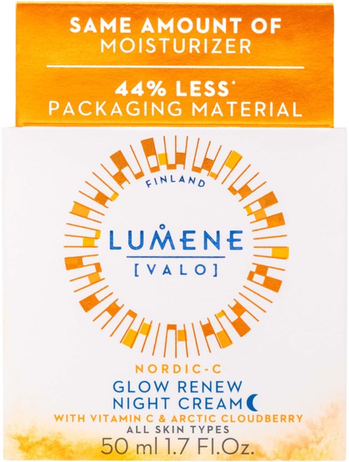 LUMENE nachtcrème in een doos met minder verpakking, bevat vitamine C en Arctische cloudberry, geschikt voor alle huidtypes.