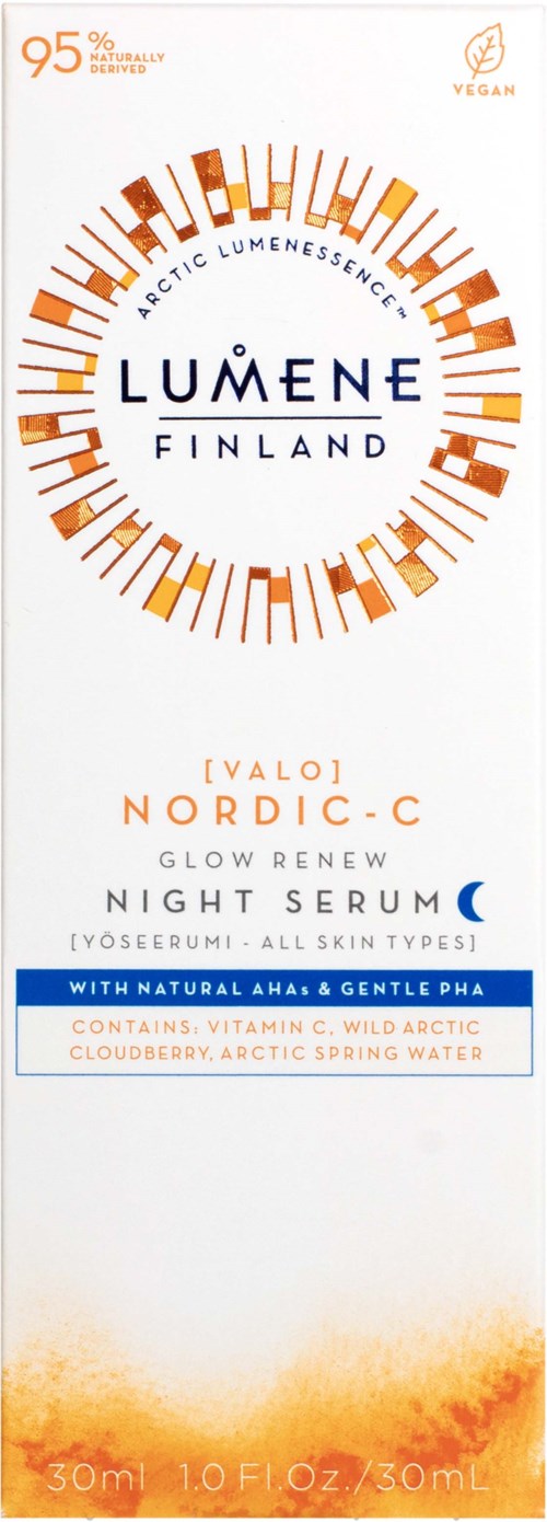 Een huidverzorgingsproductlabel voor Lumene Nordic-C Glow Reveal Night Serum, met nadruk op natuurlijke ingrediënten en Arctisch water.